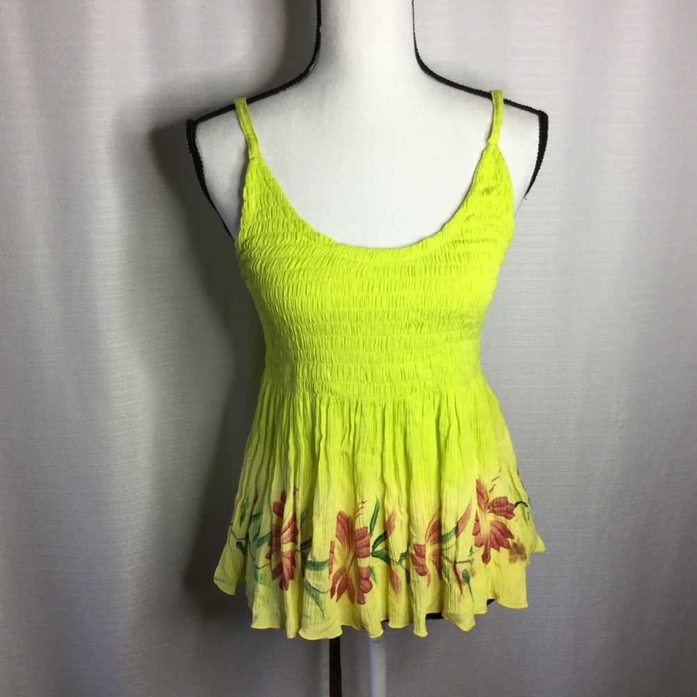 ISLAND PLANET Neon Yellow Crinkle Bodice Flow Tank